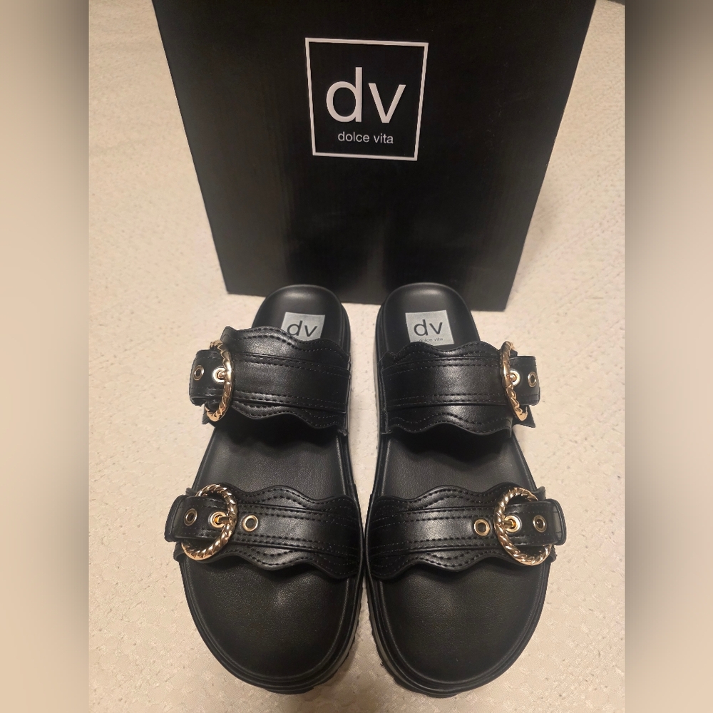 Dolce Vita Black Double-Strap Slides with Gold Rope Buckles